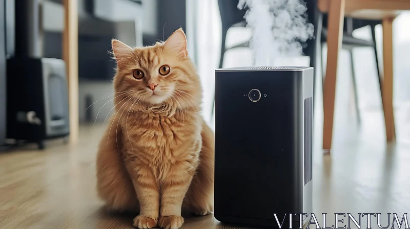 Fluffy Ginger Cat Beside Sleek Black Humidifier AI Image