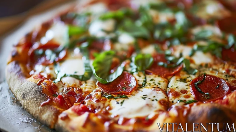 Delicious Pepperoni and Basil Pizza | Close-up Food Photography AI Image