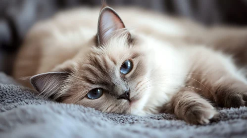 Serene Fluffy Cat Resting on Grey Blanket