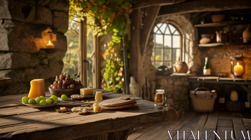 Exquisite Still Life: Wooden Table with Food and Drink AI Image
