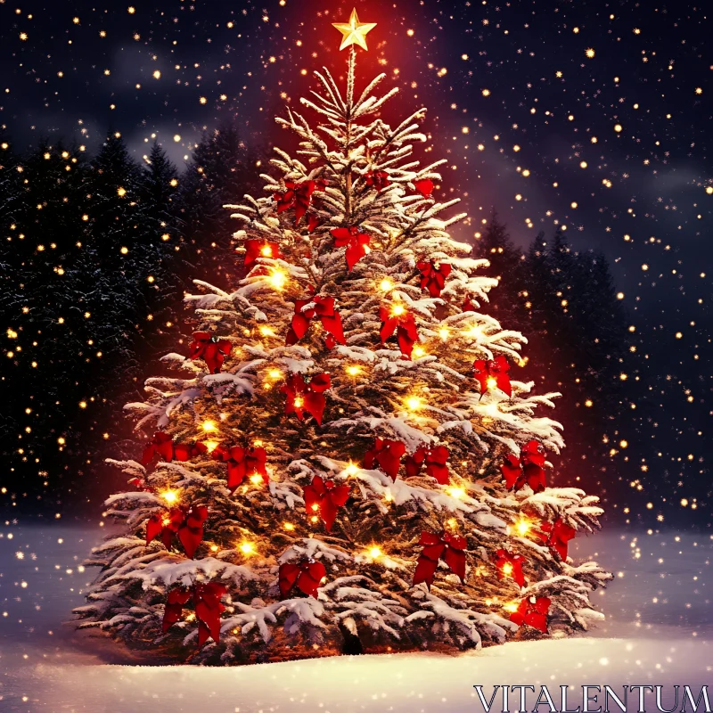 Brightly Decorated Christmas Tree in a Snowy Landscape AI Image