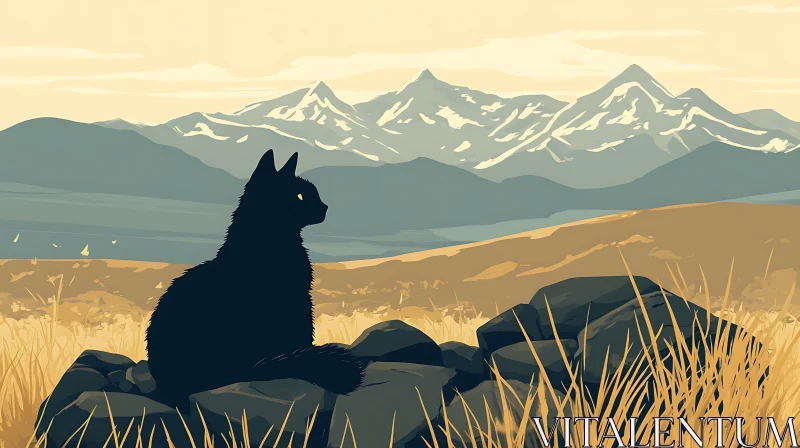 Cat Silhouette Against Mountain Range AI Image