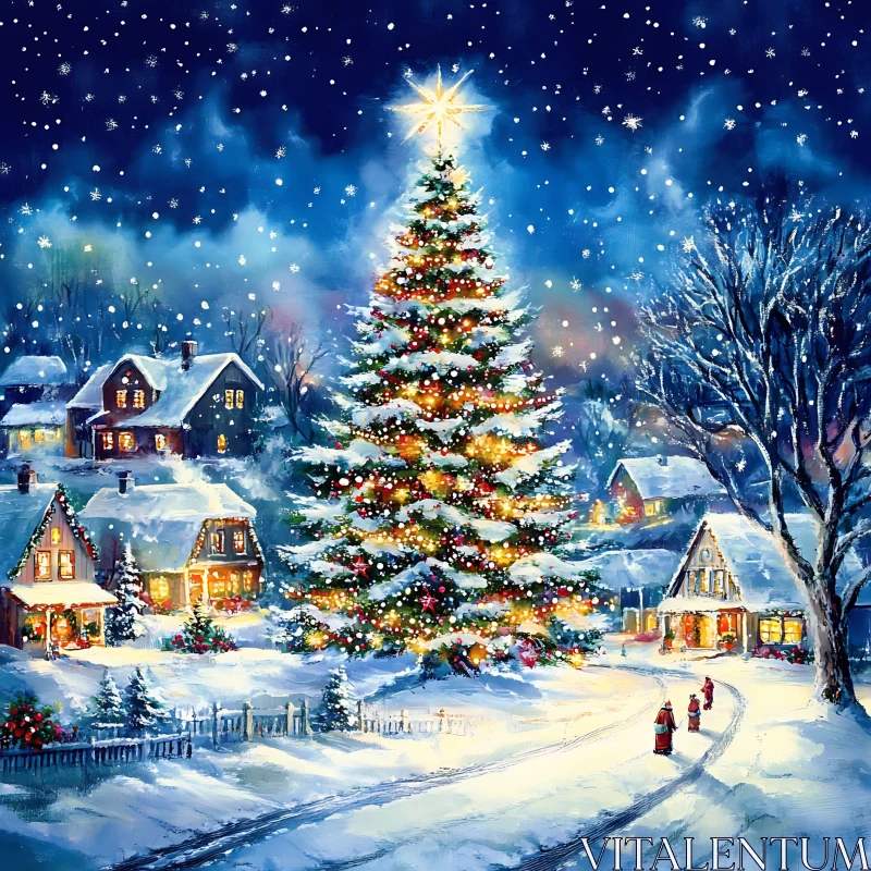 Christmas Night in a Snowy Village AI Image