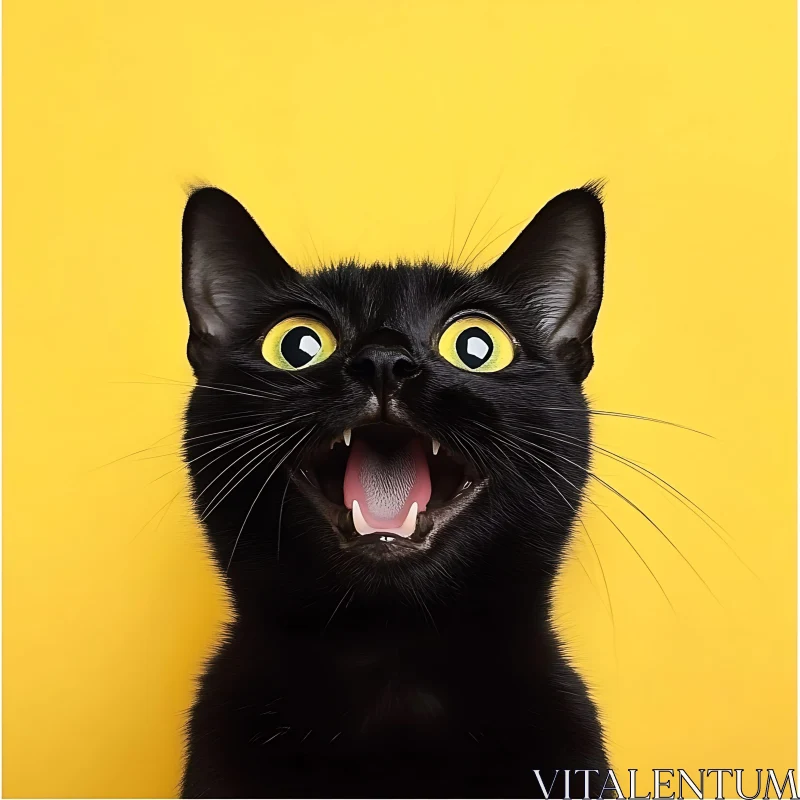 Shocked Black Cat with Wide Eyes on Yellow Backdrop AI Image