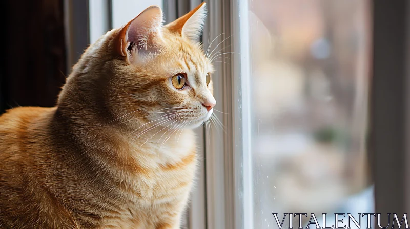 Thoughtful Ginger Cat Looking Outside AI Image