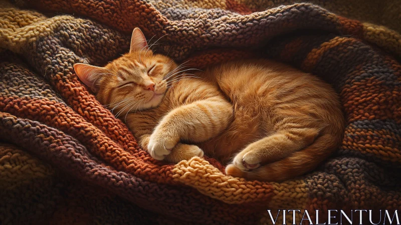 Tranquil Ginger Cat Nap on Warm Blanket AI Image