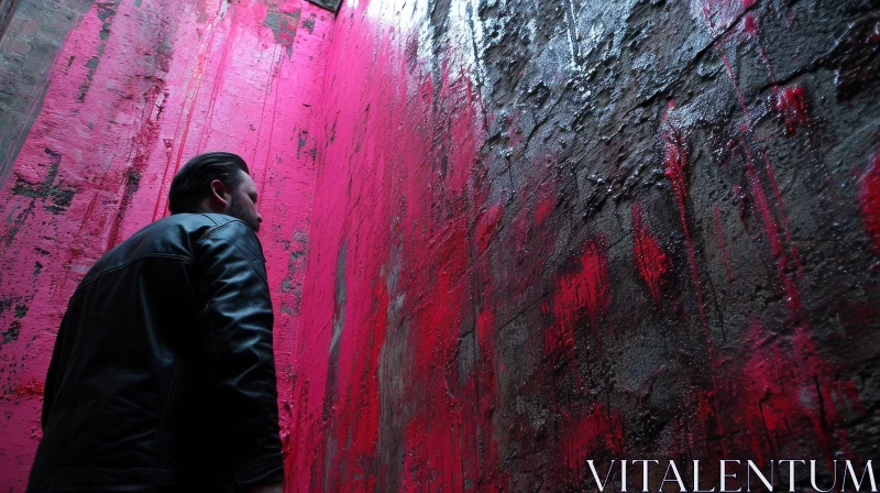 Man in Black Leather Jacket Standing in Front of a Bright Pink Wall AI Image