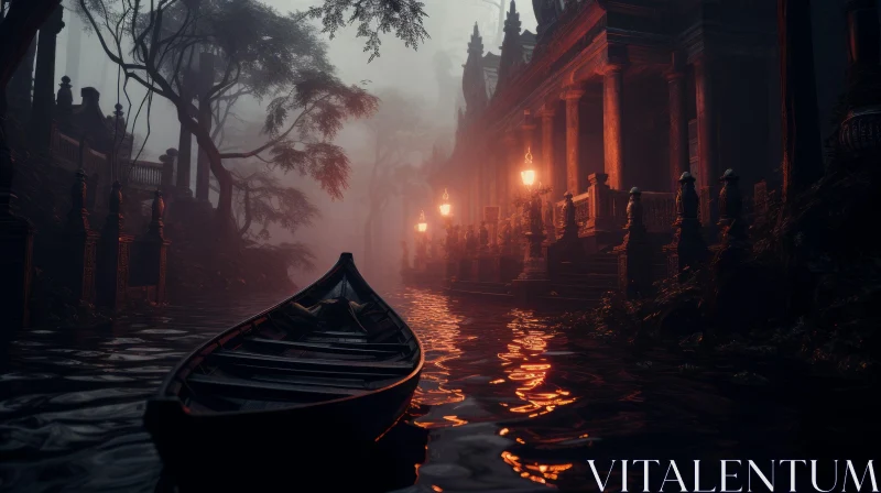 Mysterious Wooden Boat in a Dark Fog | Gothic Indonesian Art AI Image