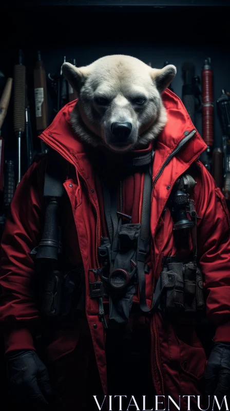 Polar Bear in Red Jacket with Weapons: An Epic Portraiture AI Image