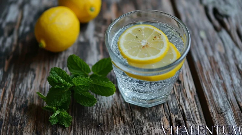 Refreshing Still Life: Glass of Sparkling Water with Lemon Slices and Mint Leaves AI Image