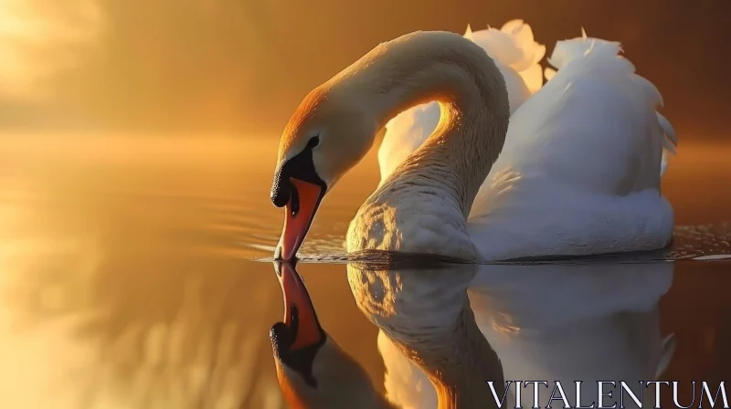 Tranquil Swan on a Calm Lake at Sunrise or Sunset AI Image