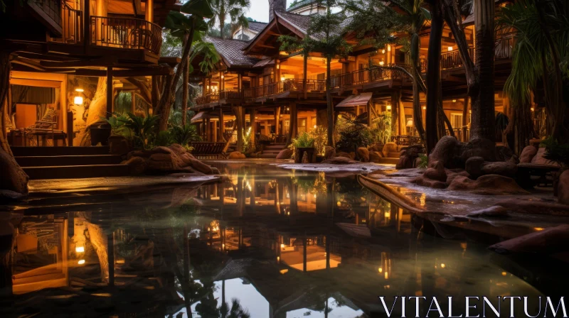 Tropical Villa with Pool: Earthy Tones and Intricate Woodwork AI Image