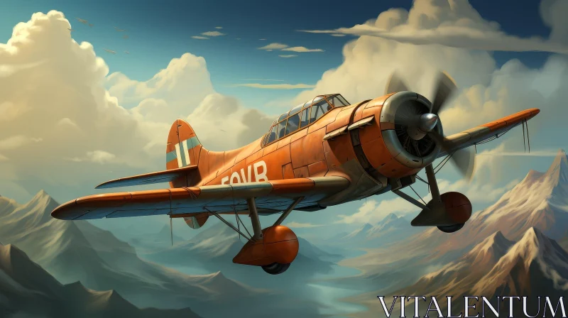 Vintage Airplane Flying Over Mountain Landscape AI Image