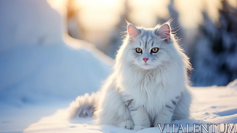 AI ART White Cat in Snowy Forest - Winter Scene