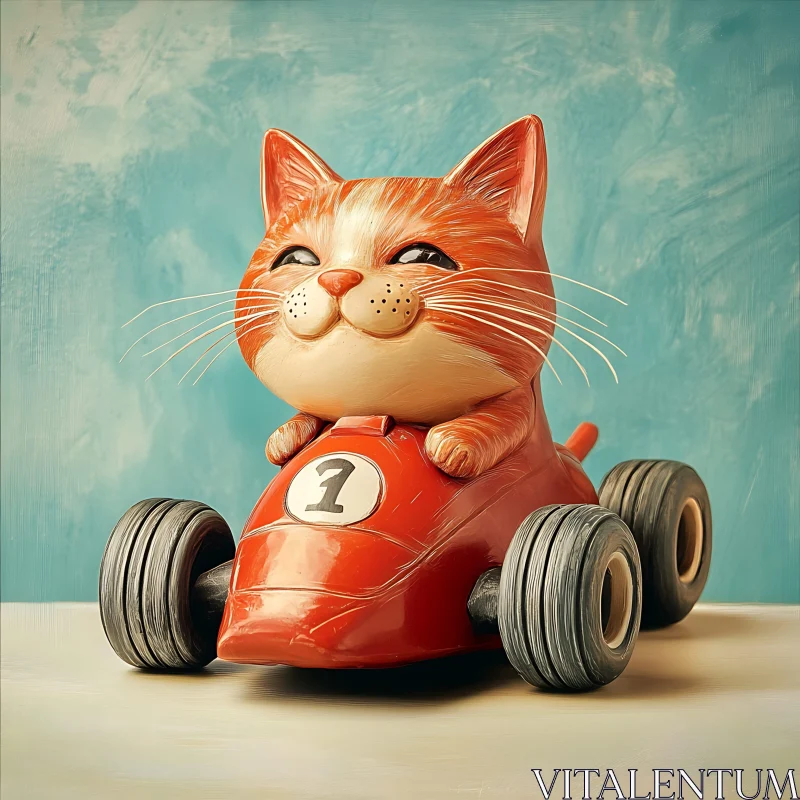 Cute Ceramic Cat in Red Racing Car AI Image