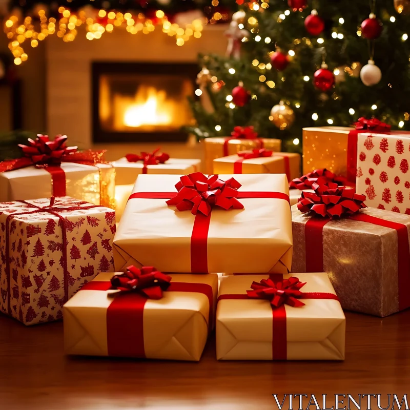 Holiday Presents Under the Christmas Tree by the Fireplace AI Image