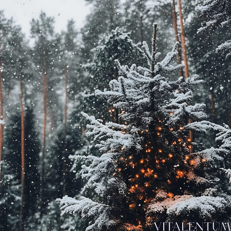 Holiday Lights Adorning a Pine Tree in Snowfall AI Image