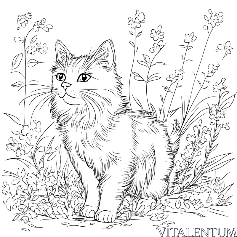 AI ART Intricate Line Art Cat and Garden Scene