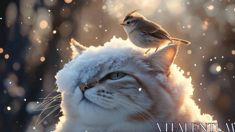 Winter Harmony: Cat and Bird Perched Together AI Image