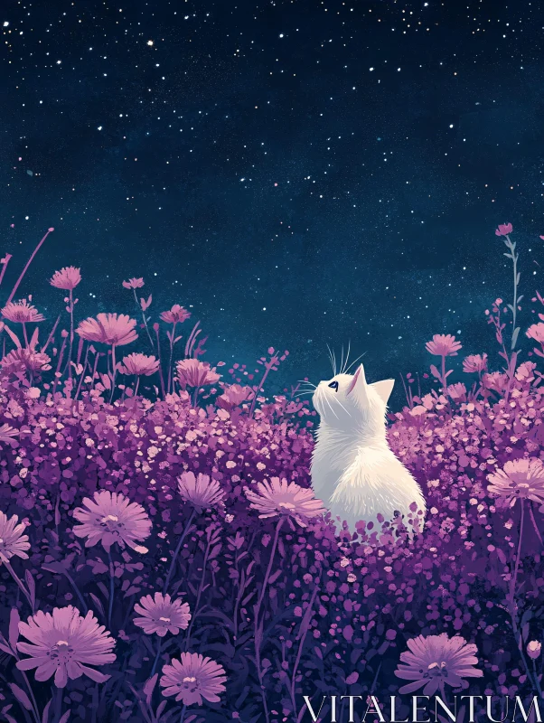 Cat Gazing at Stars in Flower Field AI Image