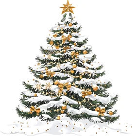 Festive Christmas Tree with Snow and Gold Decorations