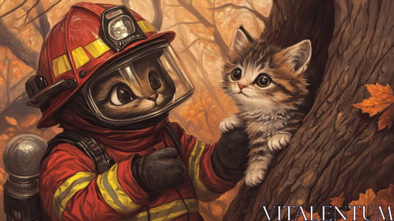 Firefighter Cat Rescues Kitten in Autumn Scene AI Image