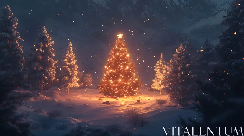 Illuminated Christmas Tree in Winter Wonderland AI Image