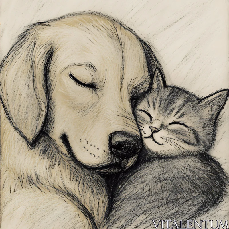 AI ART Companionship in Pencil: Dog and Cat