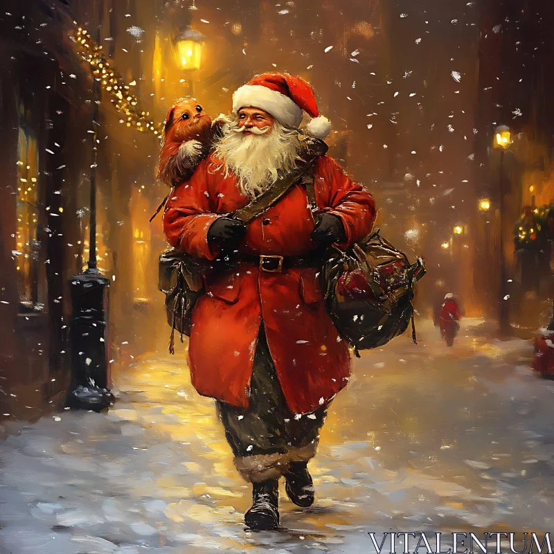 Santa Walking with a Dog on Christmas Eve AI Image