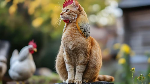 Surreal Cat-Rooster Hybrid in Nature