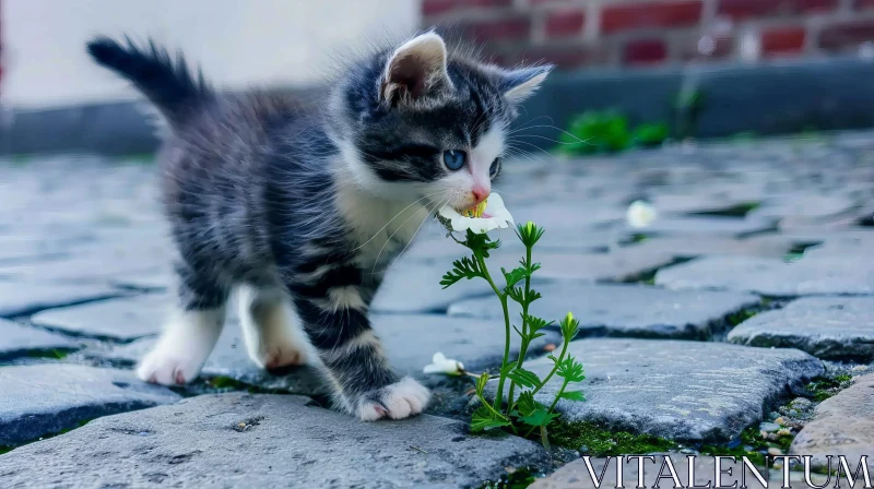 Adorable Kitten Sniffing Flower | Cute Animal Photography AI Image