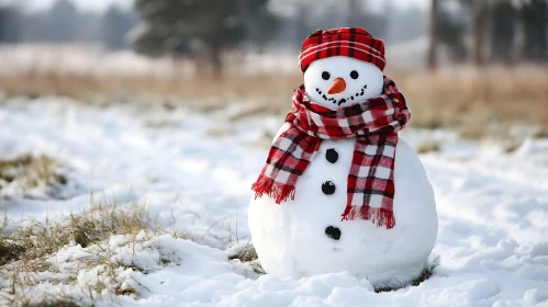 Joyful Snowman with Red Plaid Scarf and Hat