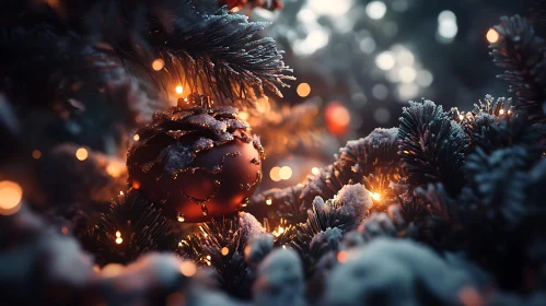 Snow-Covered Christmas Tree with Festive Ornament