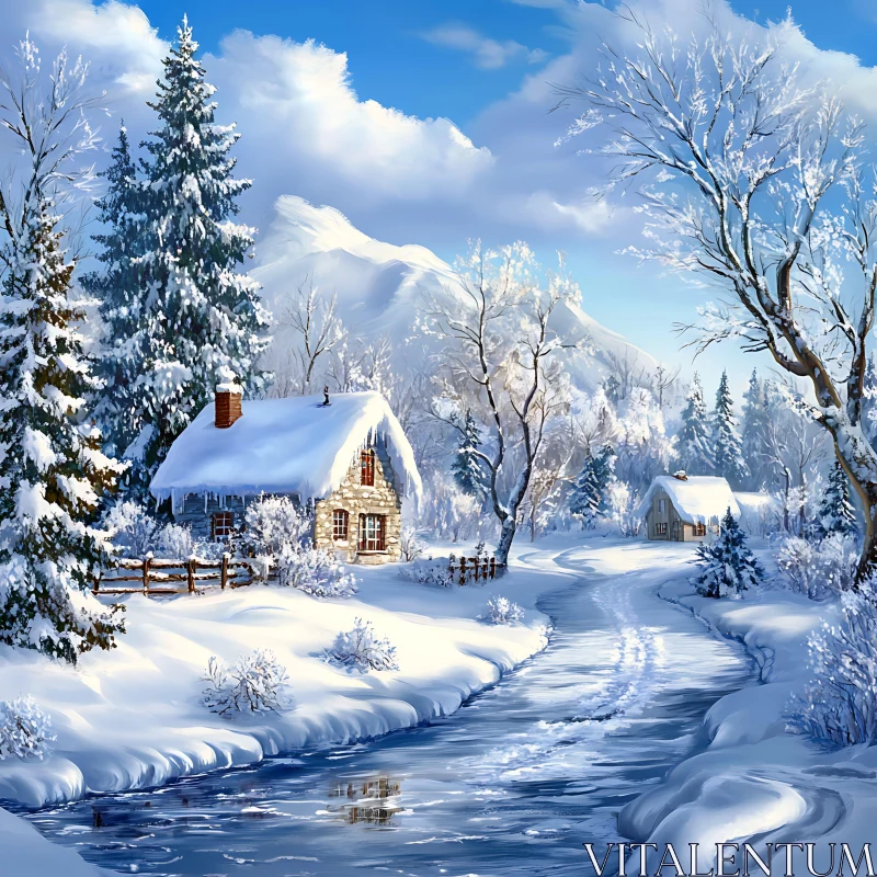 Winter Wonderland: Snowy Cabin by a Mountain AI Image