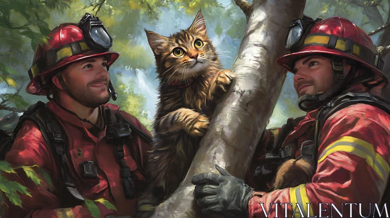 Brave Firefighters Save Cat from Tree AI Image