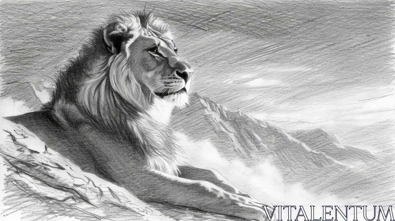 Black and White Pencil Drawing of a Majestic Lion in Profile AI Image