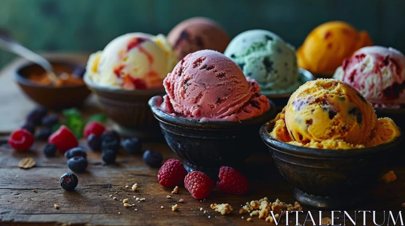 AI ART Delicious and Colorful Ice Cream Bowls on a Wooden Table