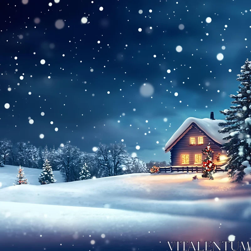 Snowy Night with a Decorated Christmas Tree and Cabin AI Image