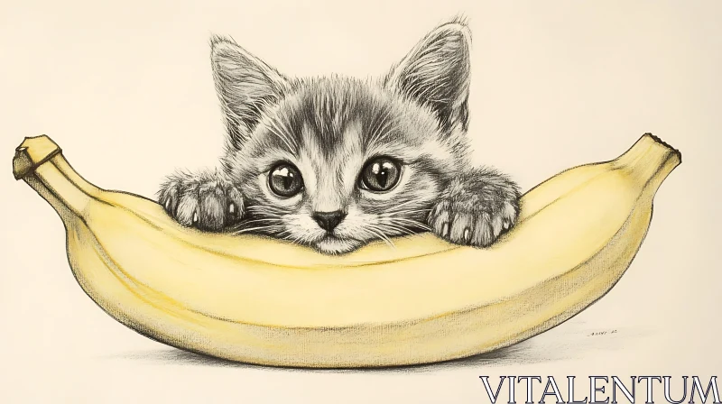 Cute Kitten Resting Inside a Banana Illustration AI Image