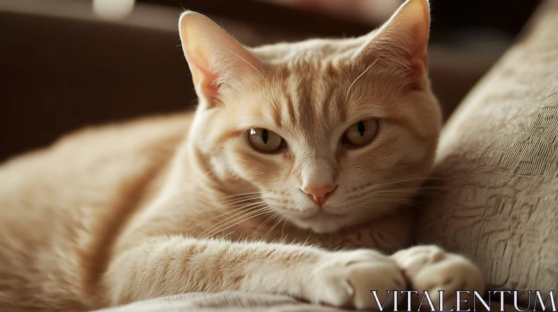 Calm Tabby Cat Lying on a Brown Sofa AI Image