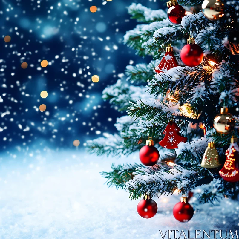 Snow-Dusted Christmas Tree with Red and Gold Decorations AI Image