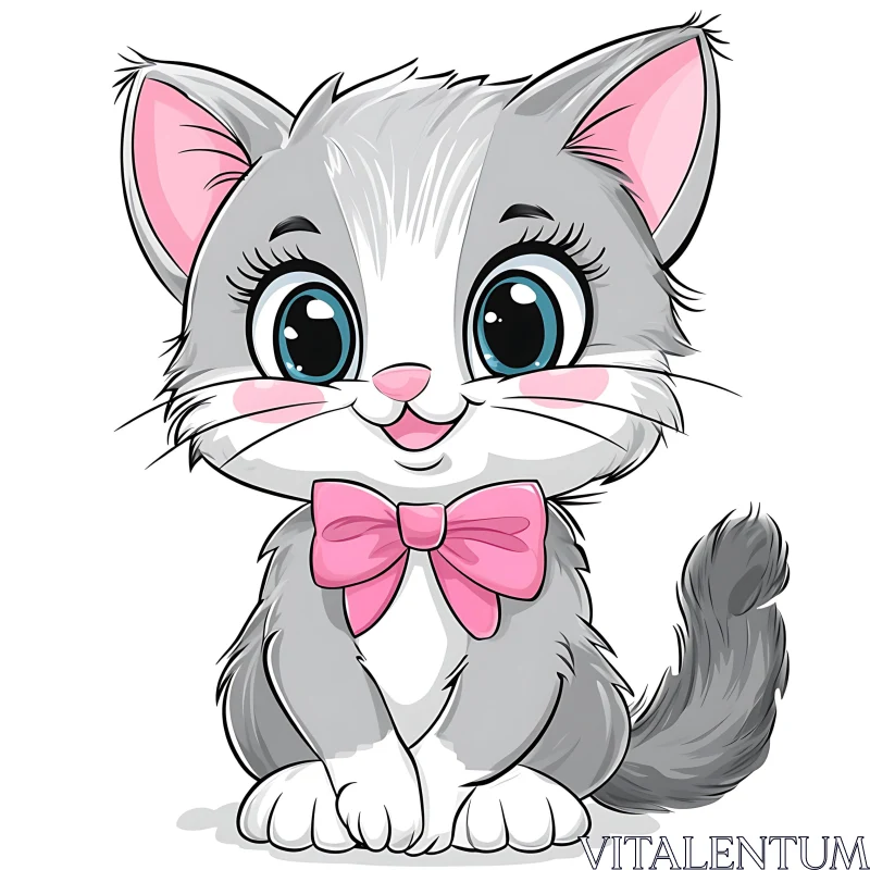 Charming Grey and White Cartoon Cat Illustration AI Image