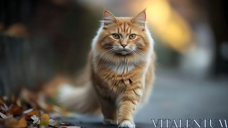 Fluffy Ginger Cat Strolling Amidst Fallen Leaves AI Image