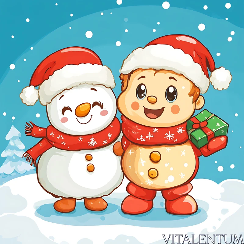 Festive Cartoon Snowman and Child AI Image