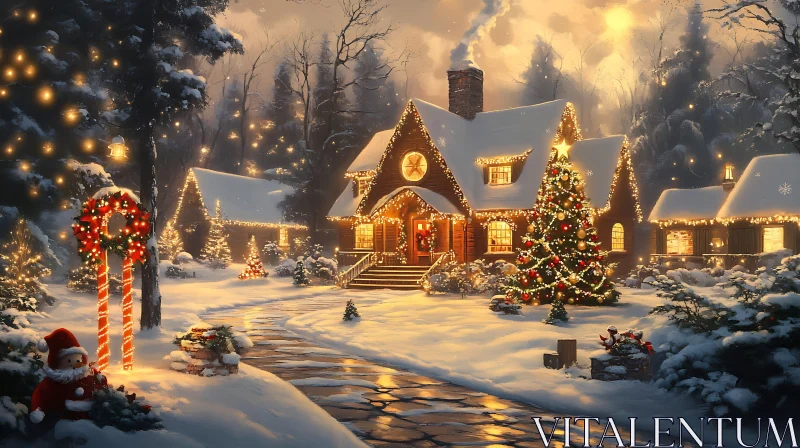 Winter Cabin Illuminated with Festive Christmas Lights AI Image