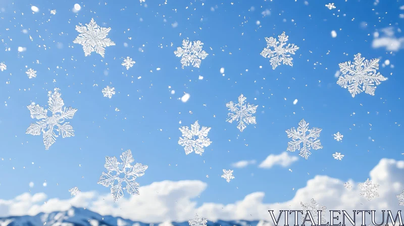 Delicate Snowflakes Floating Amidst Blue Sky and Mountains AI Image