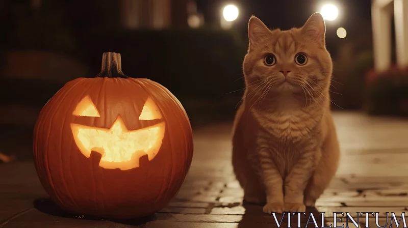 Halloween Cat and Carved Jack-O'-Lantern AI Image