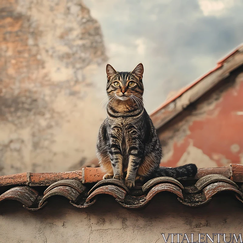 Tabby Cat Posing on Rustic Rooftop AI Image