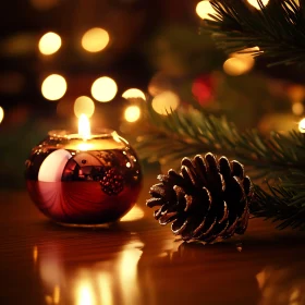 Festive Holiday Candle with Pinecone and Bokeh Lights