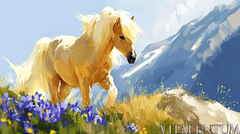 AI ART Golden Horse Painting in Field of Flowers and Mountain Range
